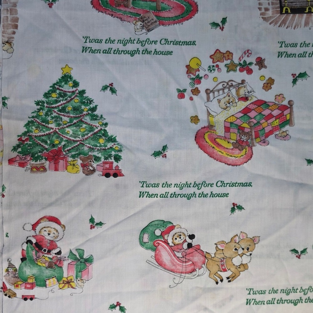 VTG Christmas Fabric Twas The Night Before Christmas Bears White 42in x 0.5yd
